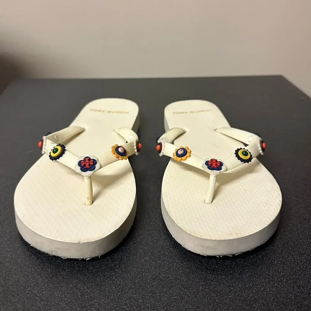 Tory Burch Marguerite Embellished Flower Flip Flops Ivory Size 5 Pool Sandals